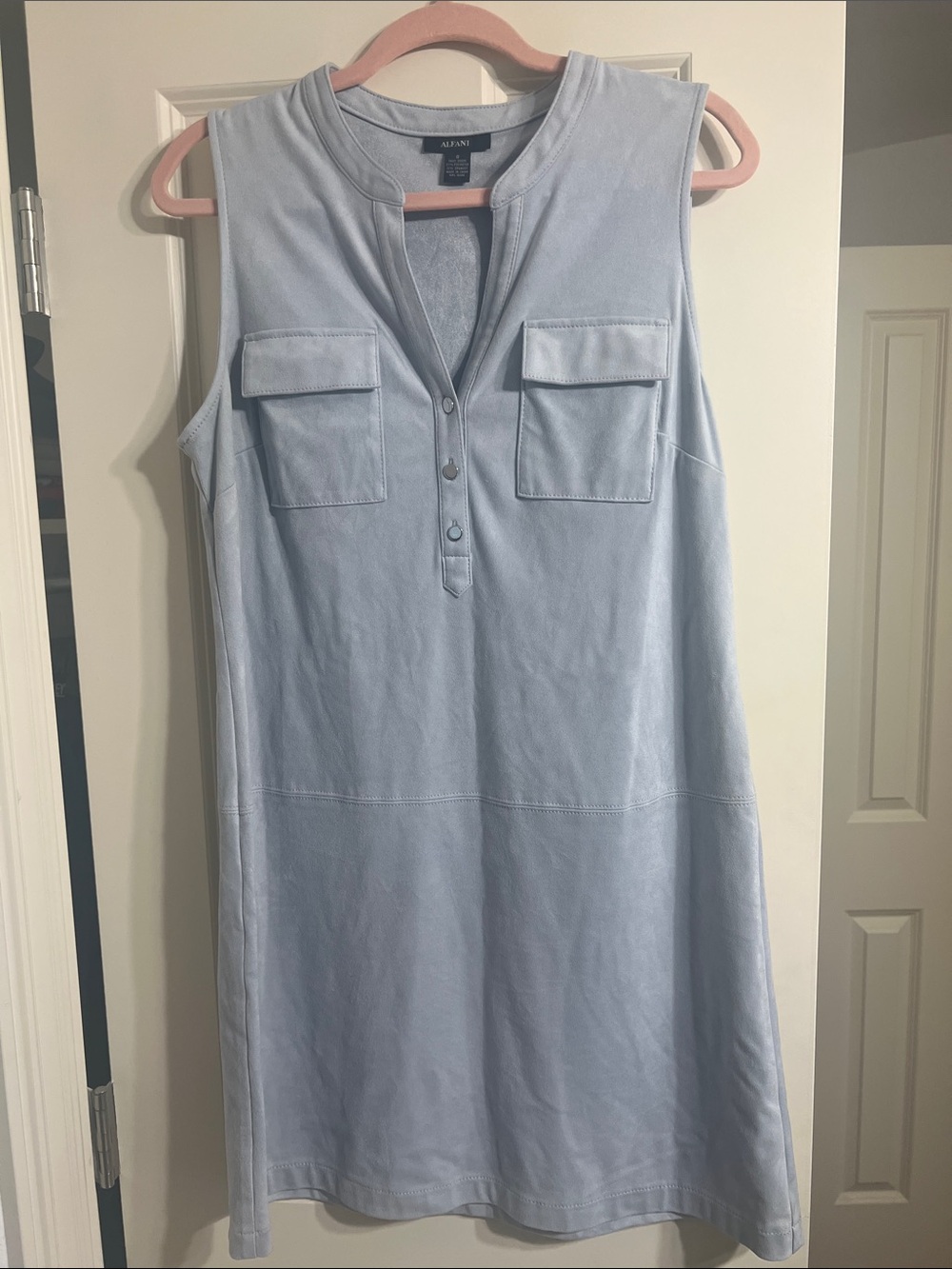 Alfani Light Blue Sleeveless Henley Shift Dress with Flap Pockets
